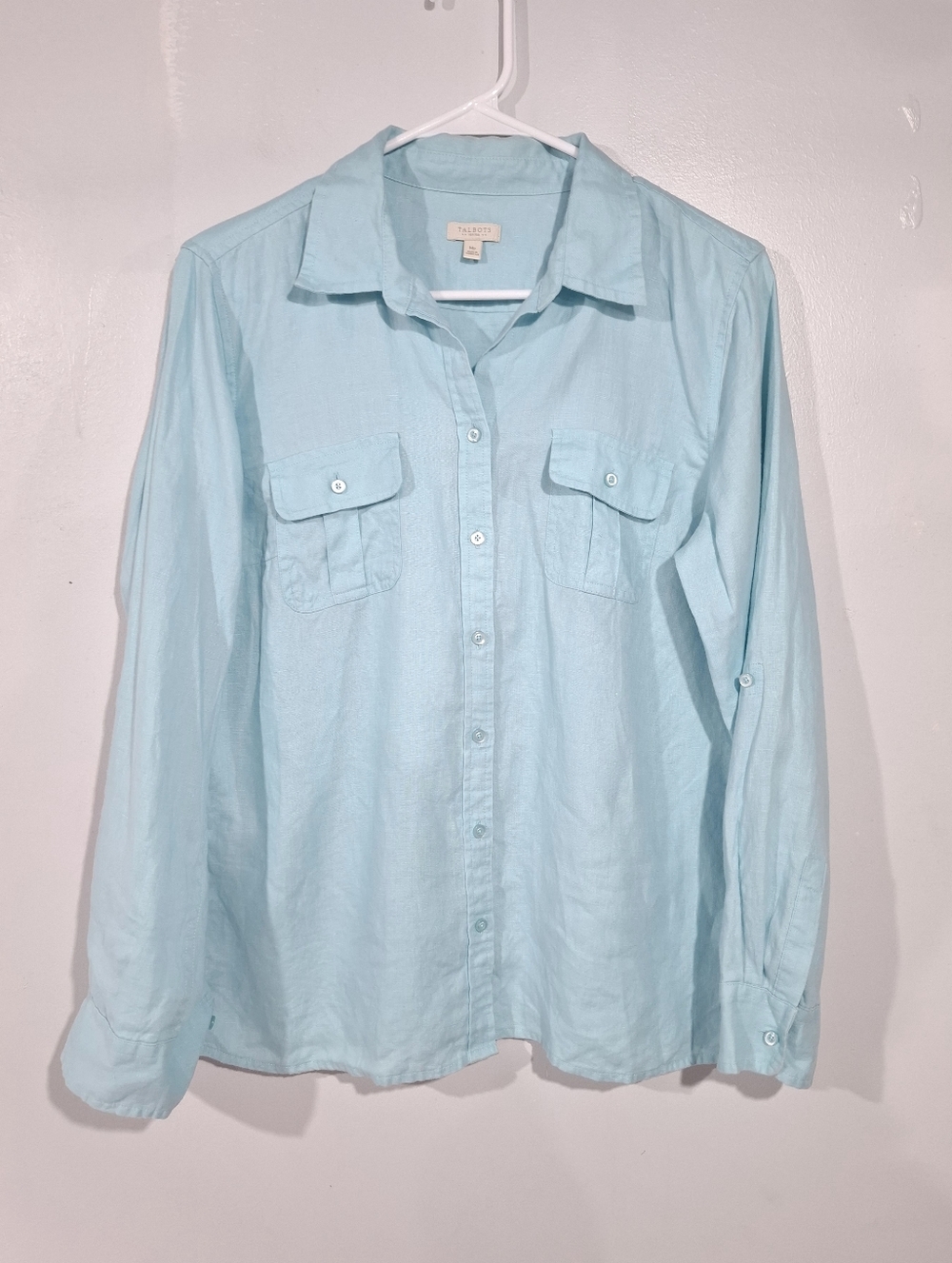 Talbots Light Blue 100% Linen Long Roll Tab Sleeve Button Up Blouse Pockets MP